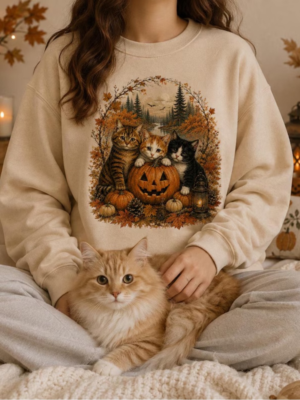 Gildan Sand Fun Cats Sweatshirt, Autumn Cat & Pumpkin Graphic, Gift Lover Cat